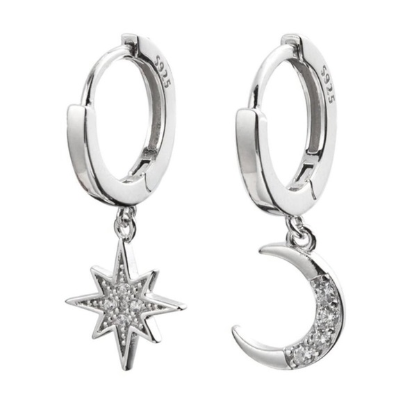 NEW MOON STAR 925 STERLING SILVER DIAMOND HOOPS - Picture 2 of 5